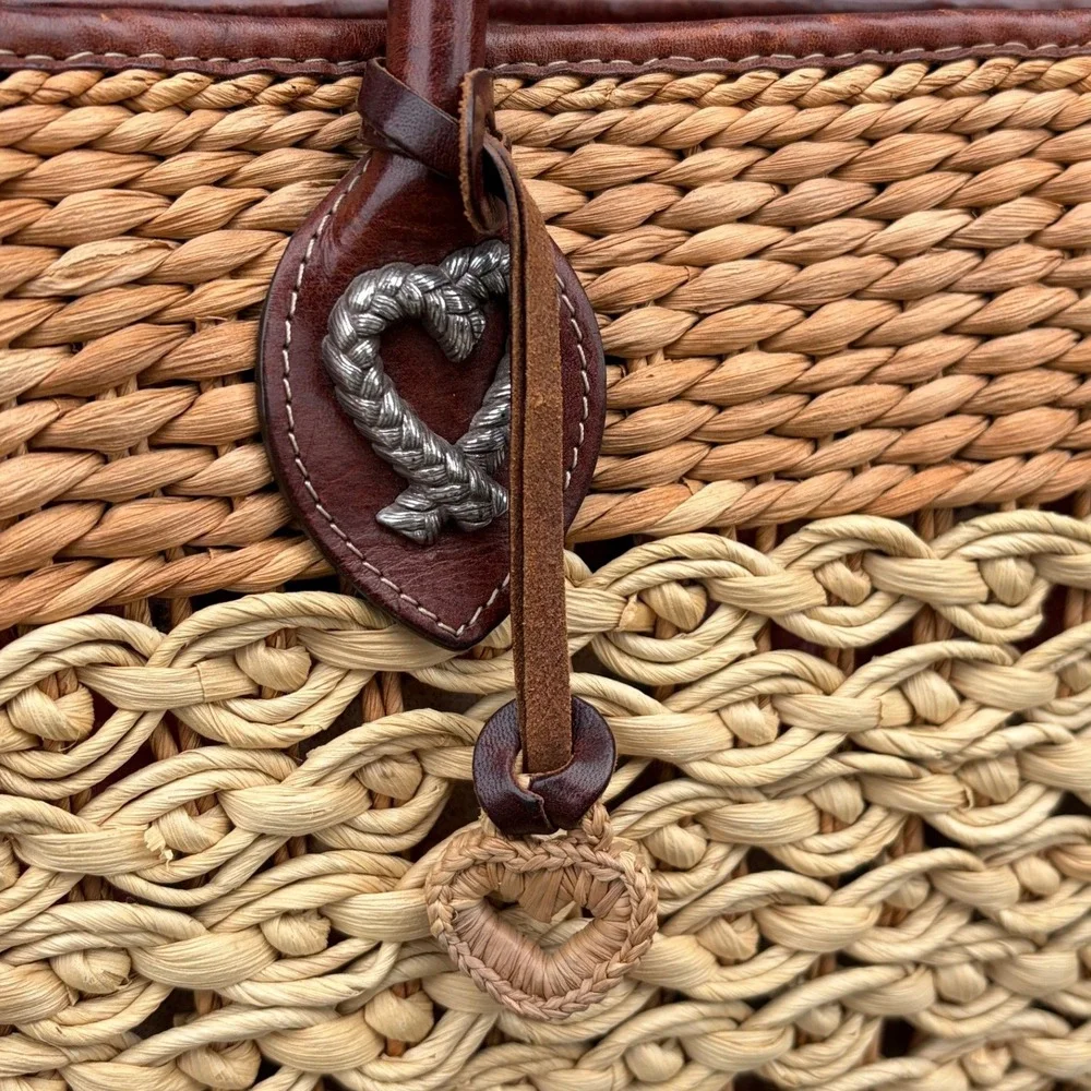 Brighton Straw Tote Bag Leather Trim Woven Heart Floral Lining Tan Brown Vintage - Picture 2 of 6